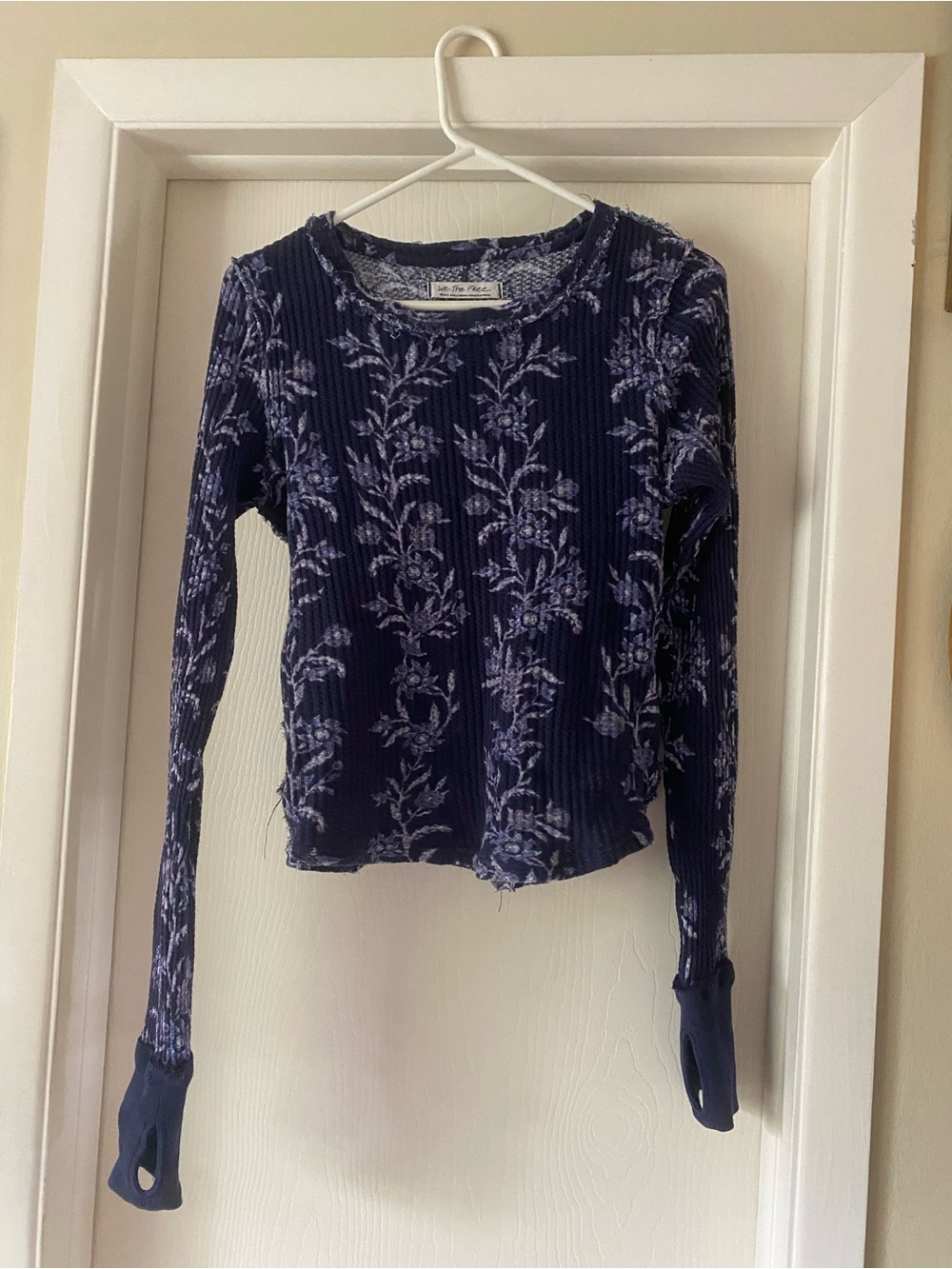 Free People Navy/purple Floral Ribbed Long-Sleeve Top